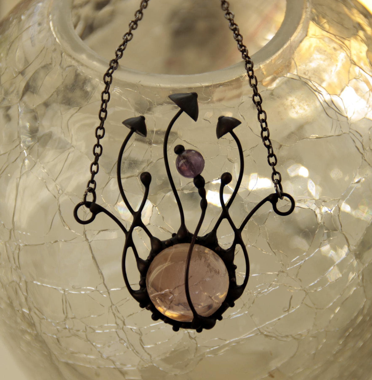 Pink Glass and Amethyst Mushroom Necklace – Blackened Copper