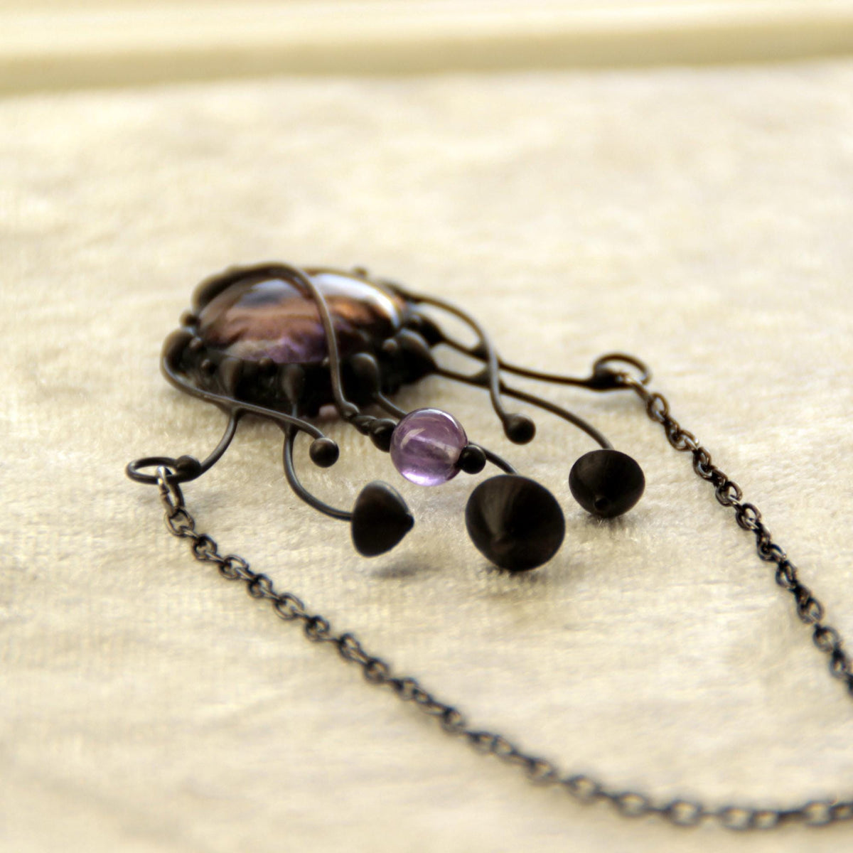 Pink Glass and Amethyst Mushroom Necklace – Blackened Copper