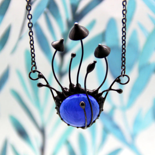Blue Glass Mushroom Necklace – Blackened Copper Forest Centerpiece – Botanical