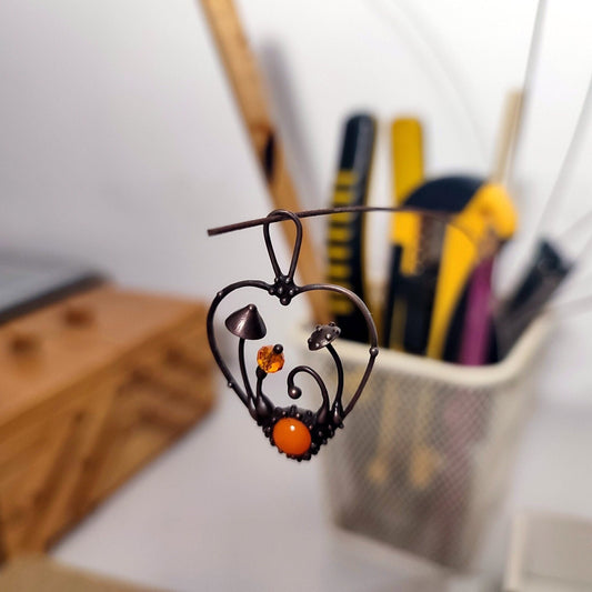 Orange Glass Mushroom Necklace – Blackened Copper