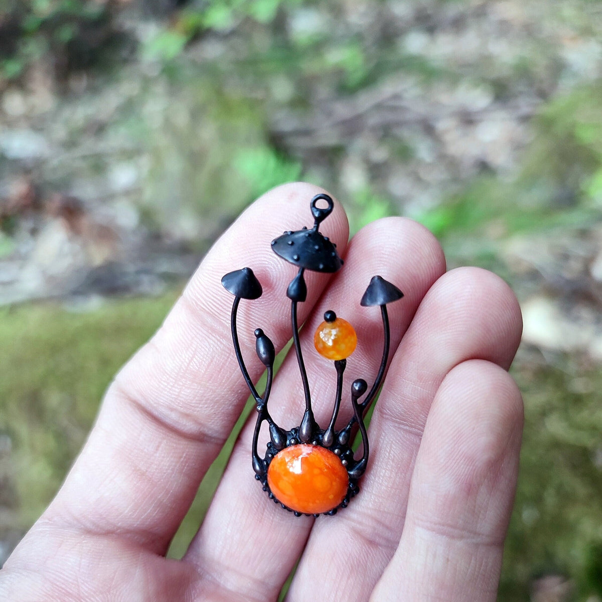 Orange Glass Amanita Mushroom Necklace – Blackened Copper