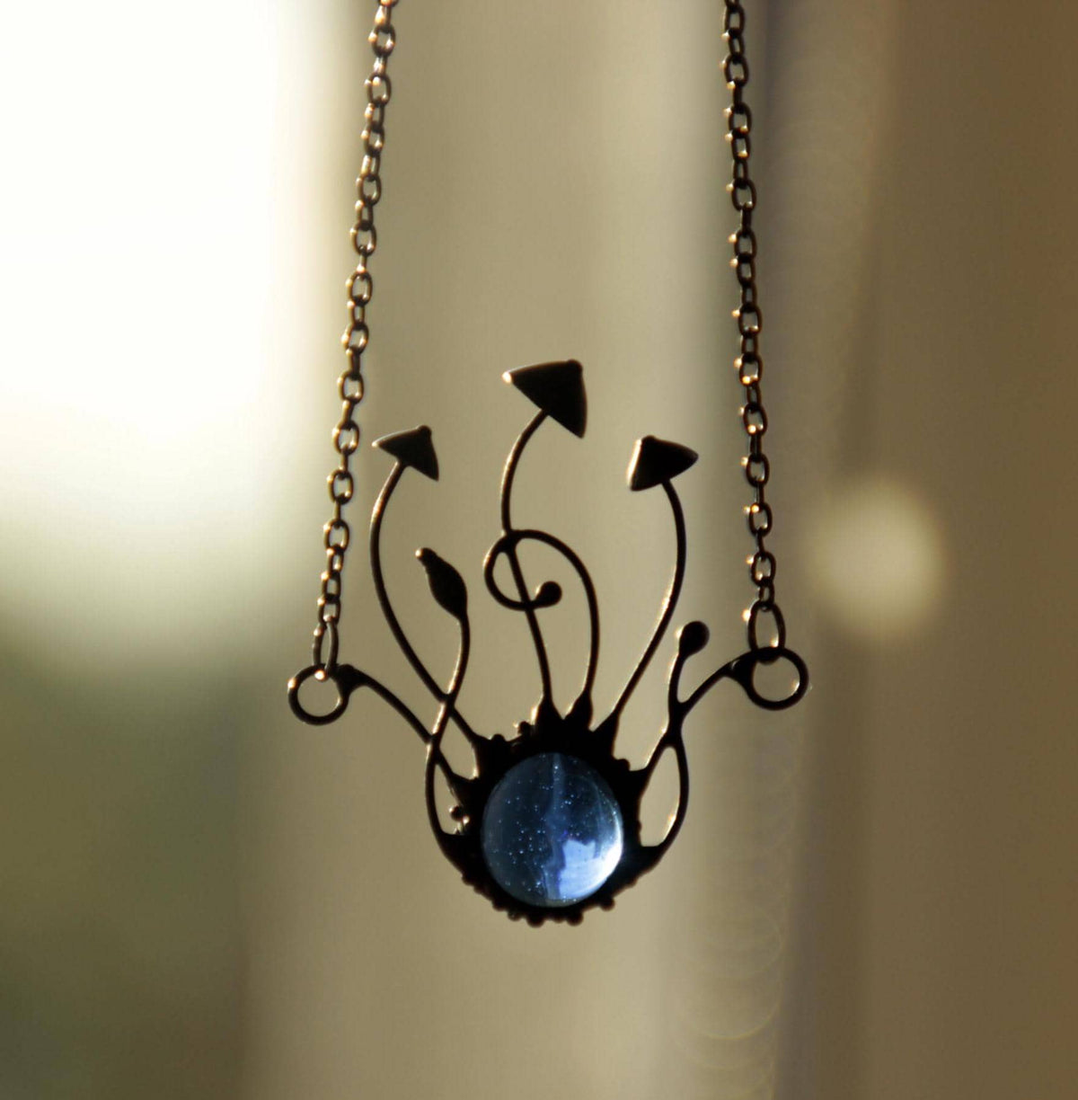 Blue Glass Mushroom Cluster Pendant – Blackened Copper