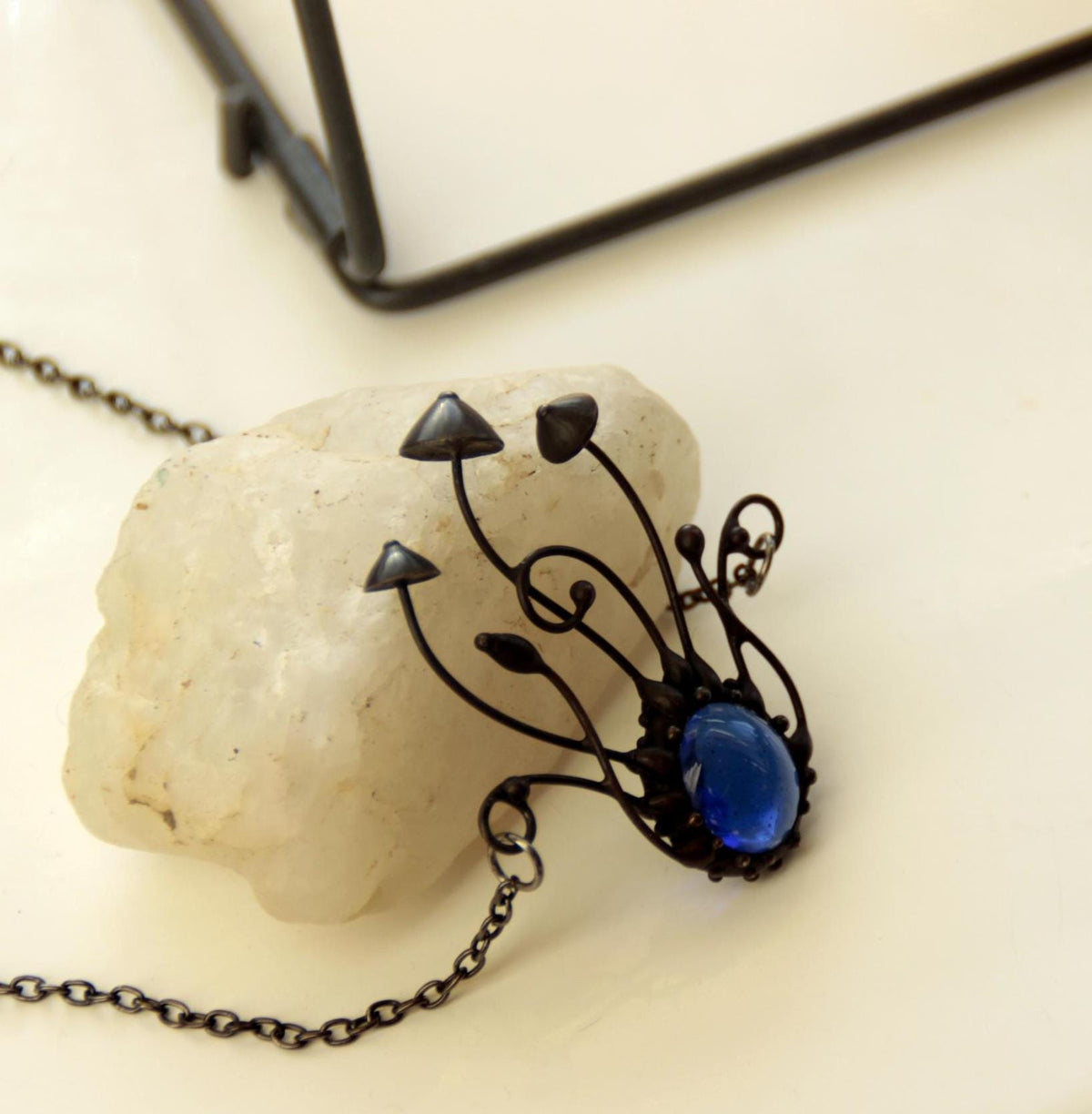 Blue Glass Mushroom Cluster Pendant – Blackened Copper