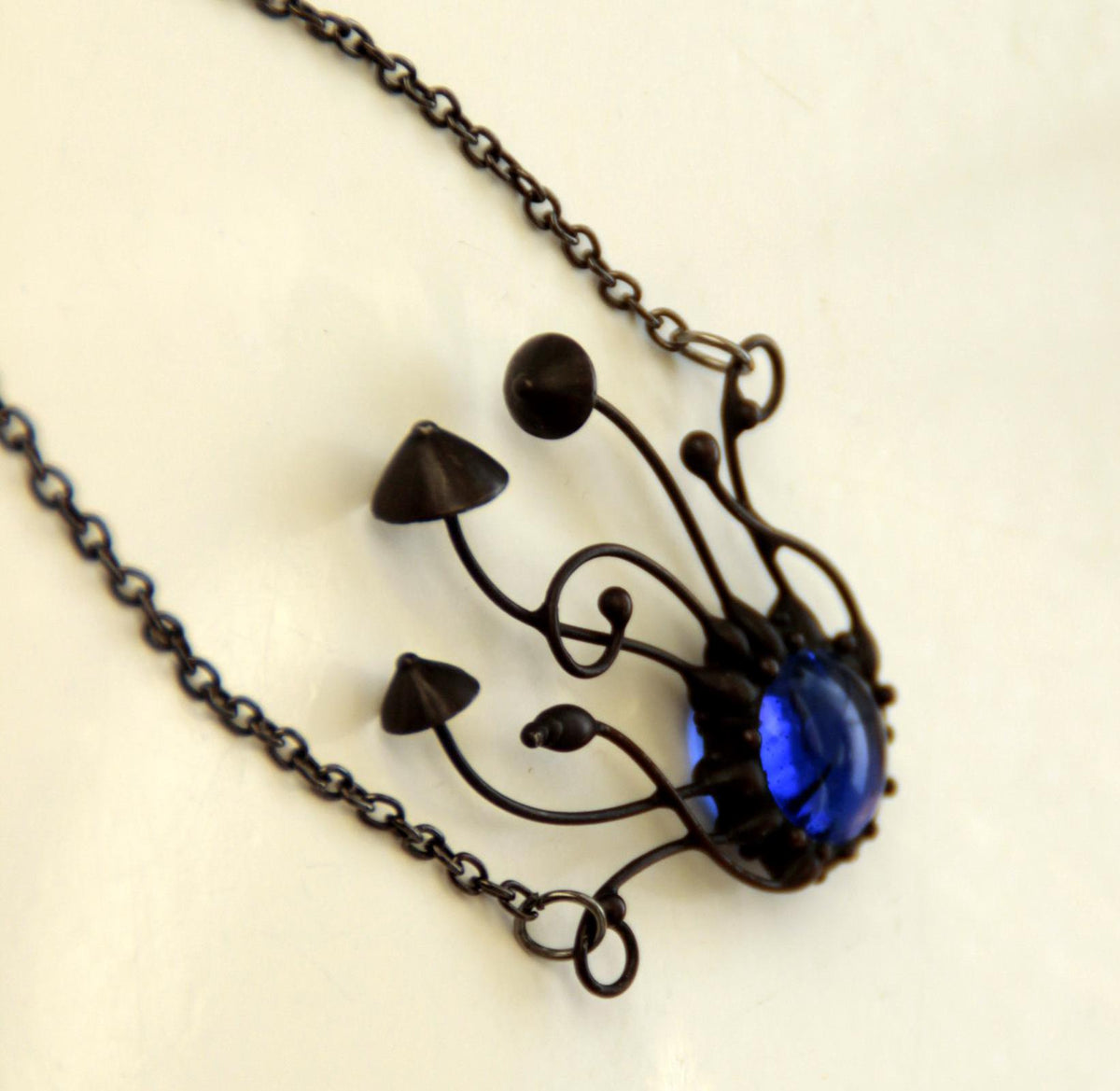 Blue Glass Mushroom Cluster Pendant – Blackened Copper