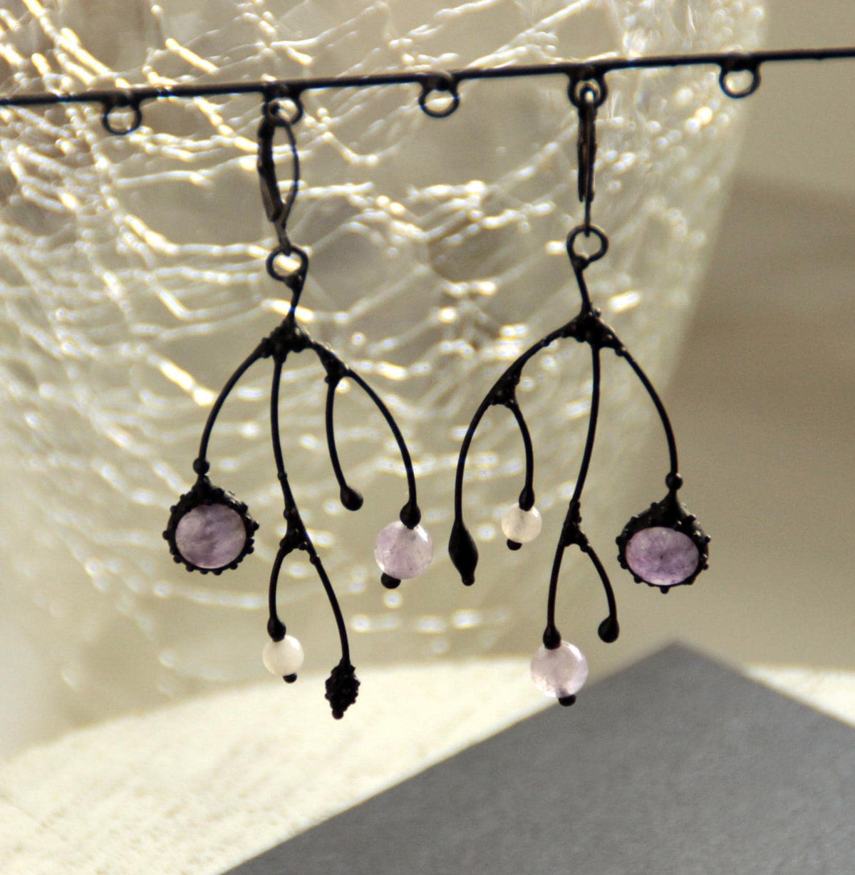 Amethyst Asymmetrical Branch Earrings – Blackened Copper