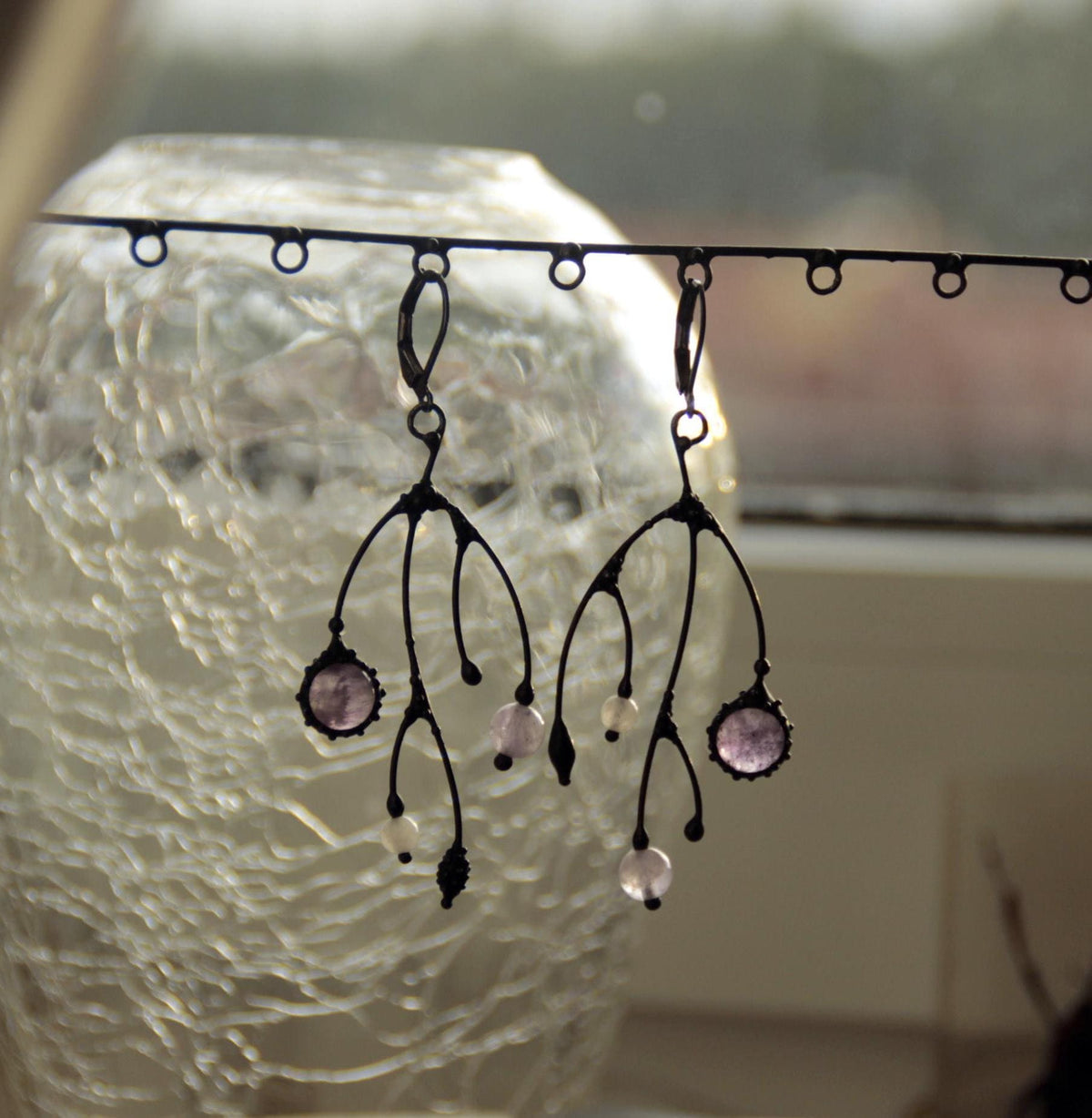 Amethyst Asymmetrical Branch Earrings – Blackened Copper