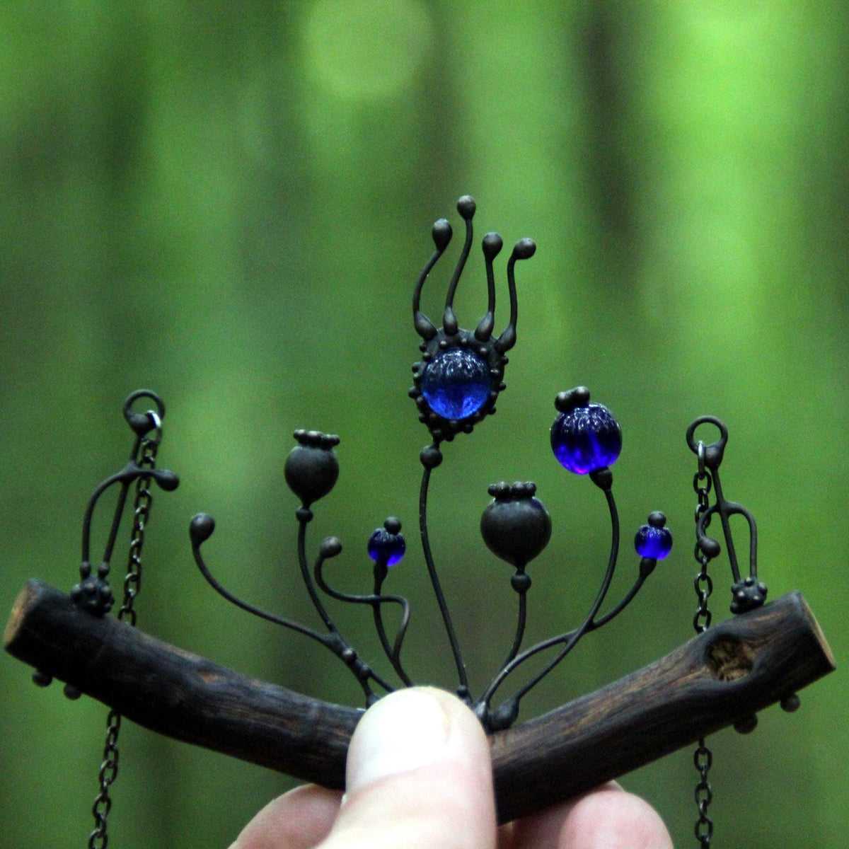 Blue Glass Poppy Necklace on Oak Branch – Blackened Copper