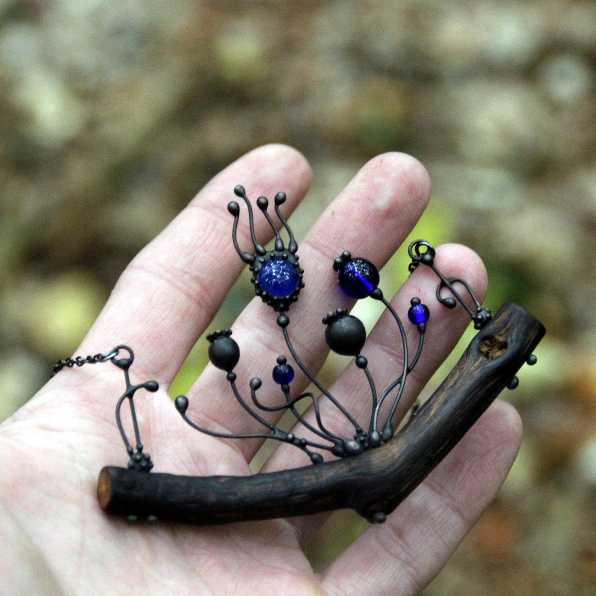 Blue Glass Poppy Necklace on Oak Branch – Blackened Copper
