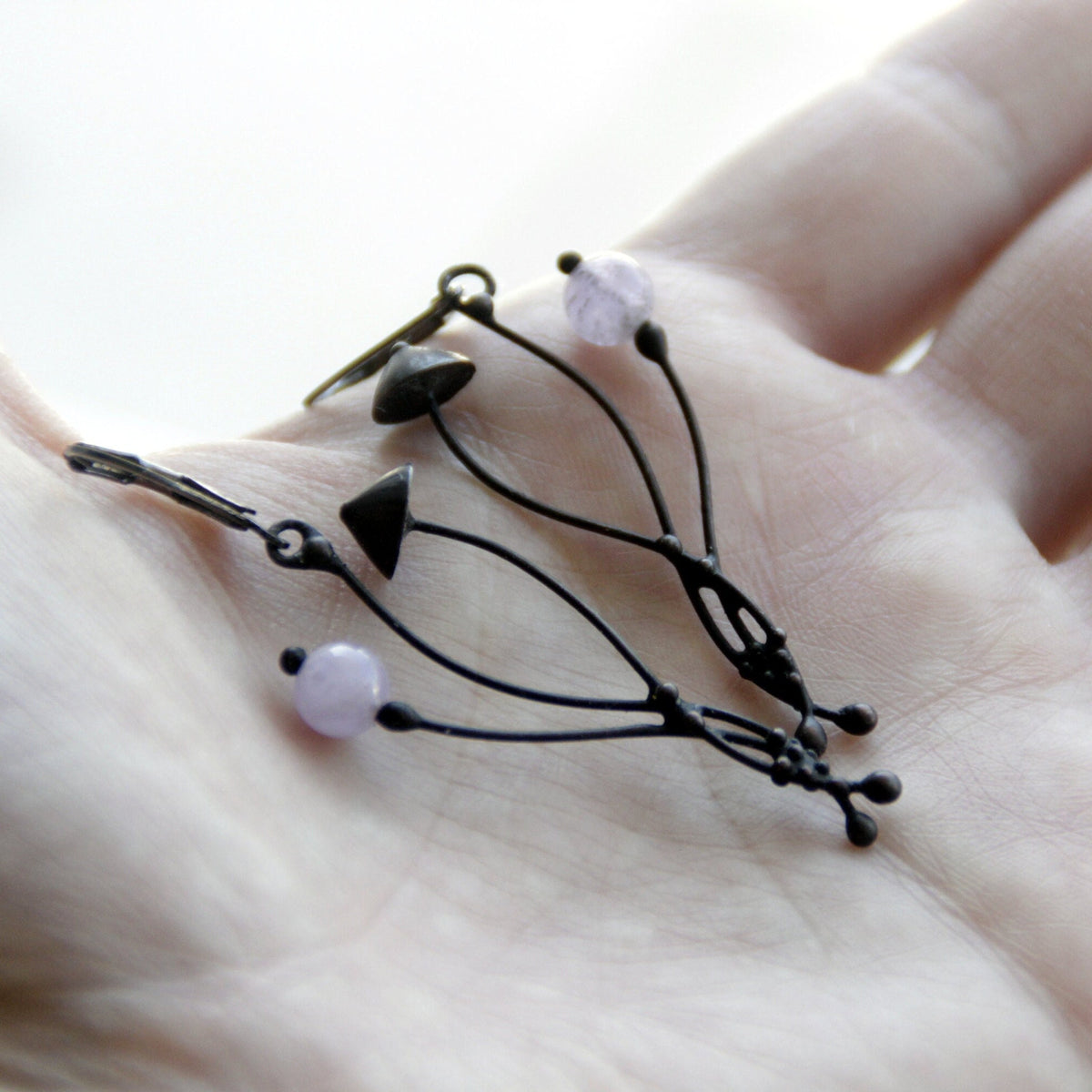 Rose Quartz Mushroom Earrings – Blackened Copper