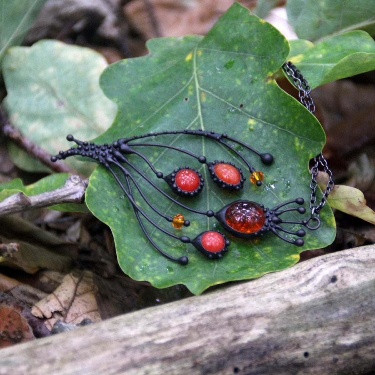 Red Stained Glass Poppy Necklace – Blackened Copper