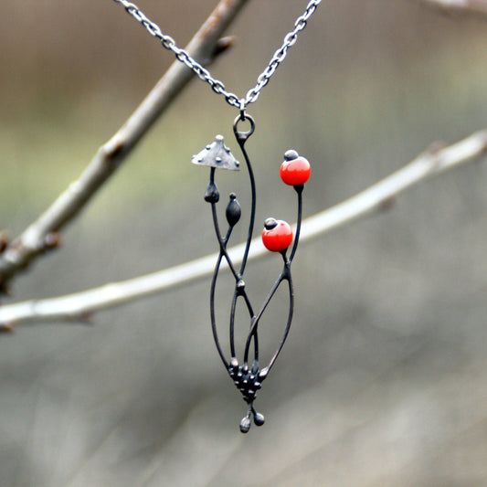 Red Ceramic Amanita Mushroom Necklace – Blackened Copper