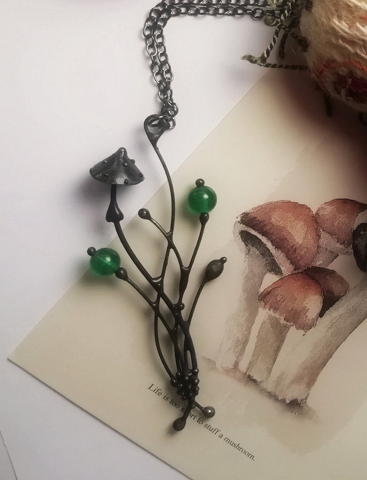 Green Glass Mushroom Pendant Necklace – Blackened Copper Forest – Botanical
