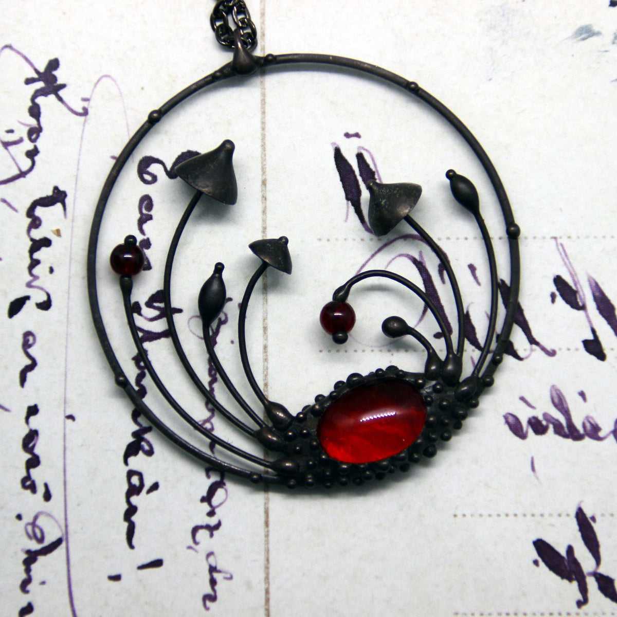 Red Glass Mushroom Necklace – Blackened Copper Round Forest Pendant – Botanical