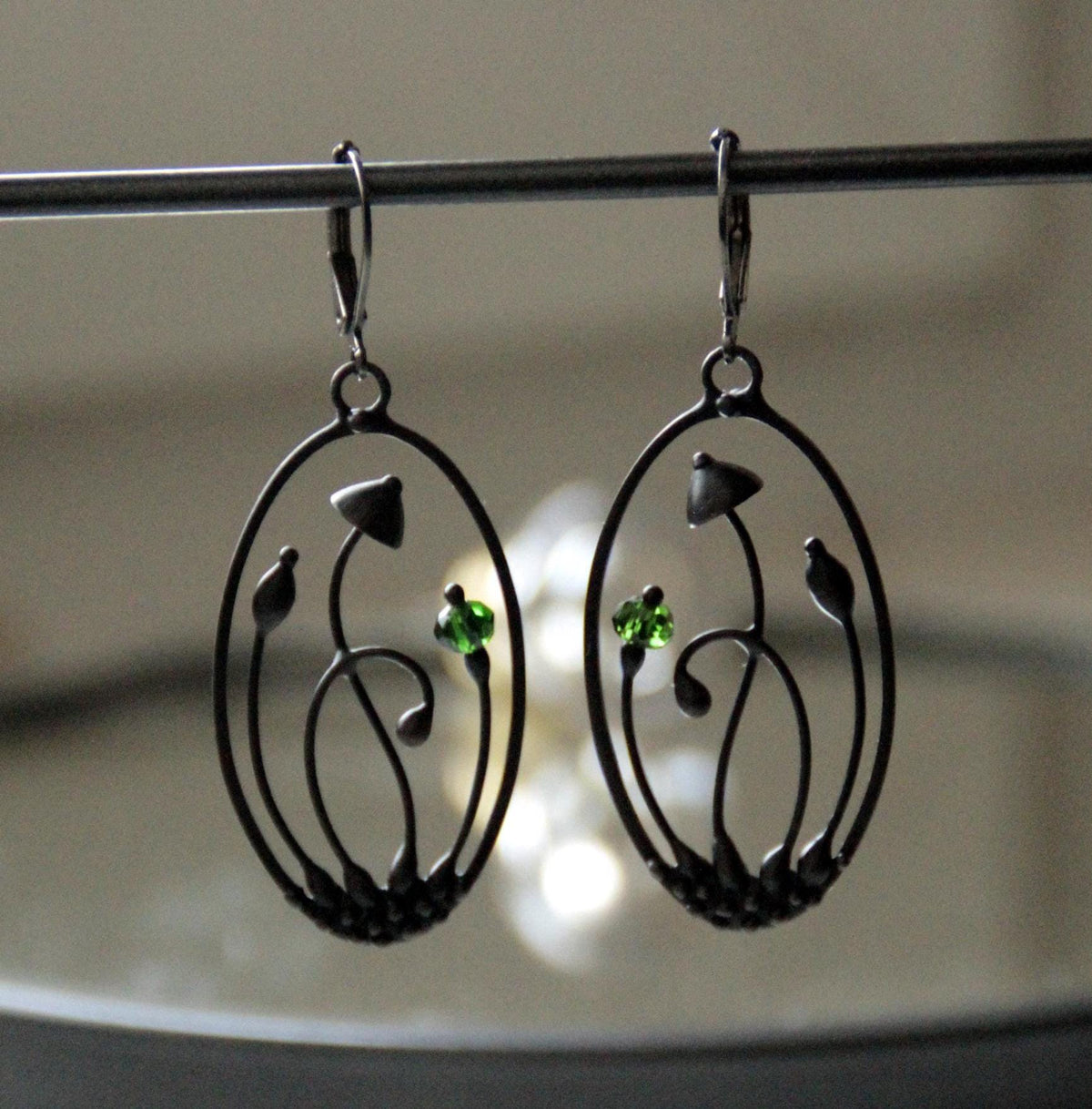Green Glass Mushroom Earrings – Blackened Copper
