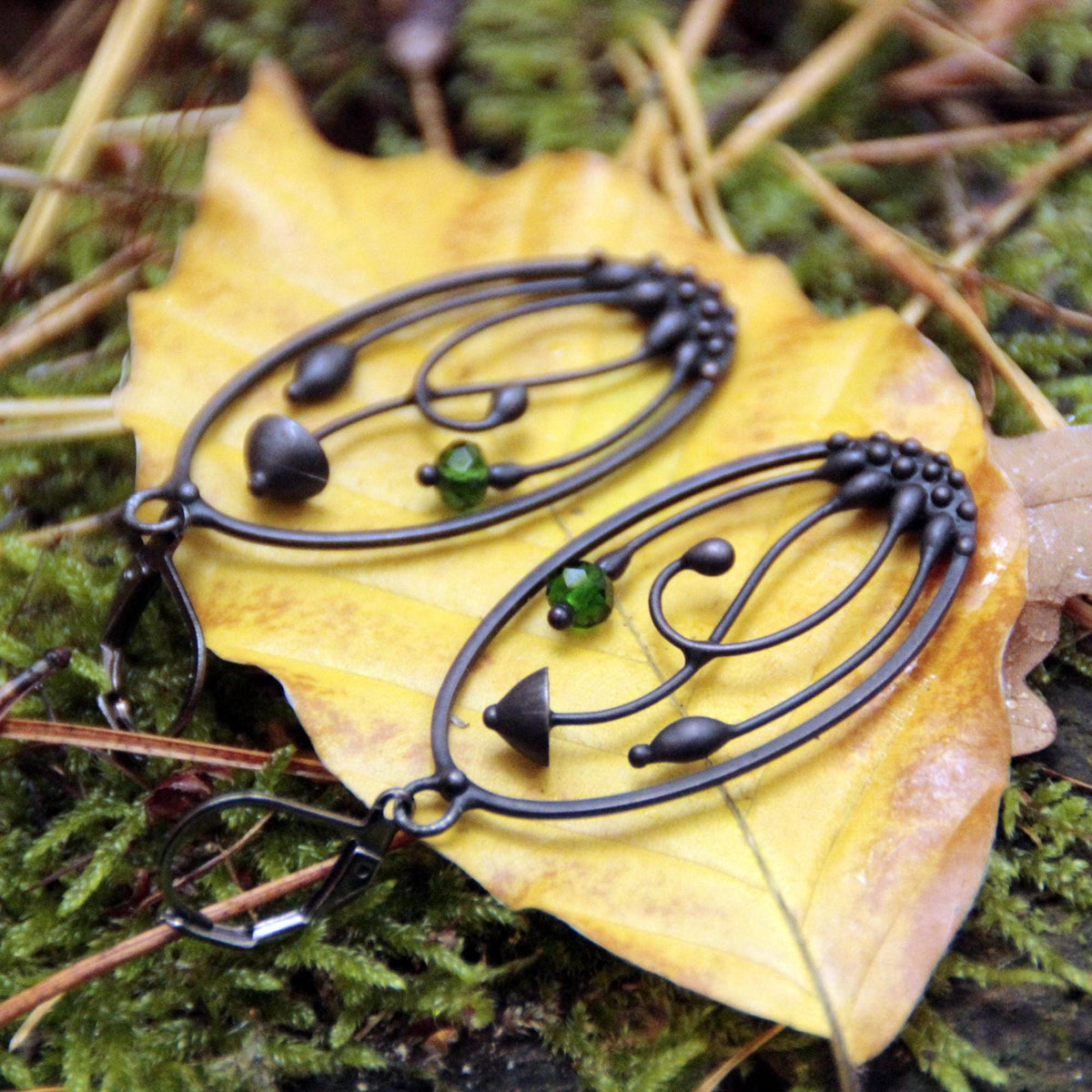 Green Glass Mushroom Earrings – Blackened Copper