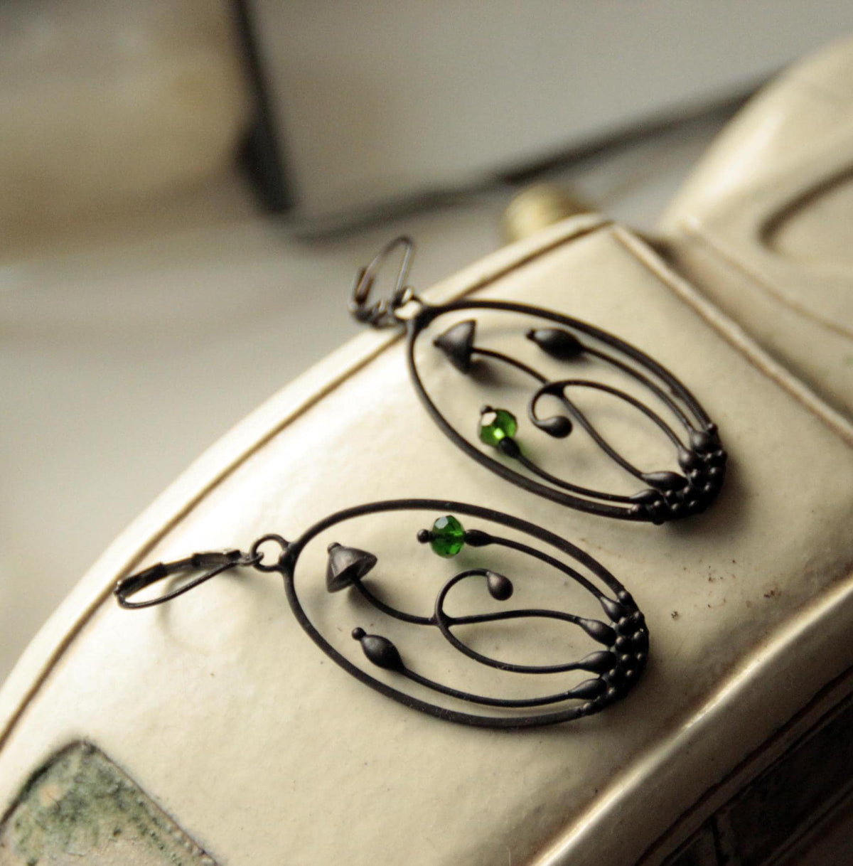 Green Glass Mushroom Earrings – Blackened Copper