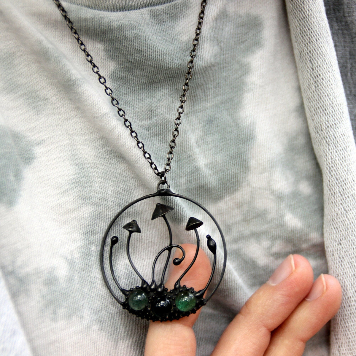 Green Glass Mushroom Necklace – Blackened Copper Round Forest Pendant – Botanical Fungi