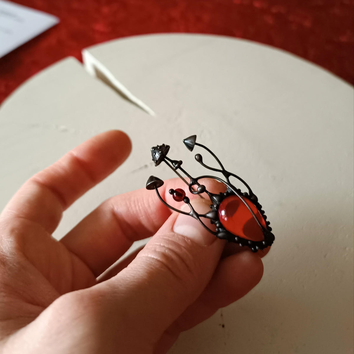 Red Glass Amanita Mushroom Brooch – Blackened Copper