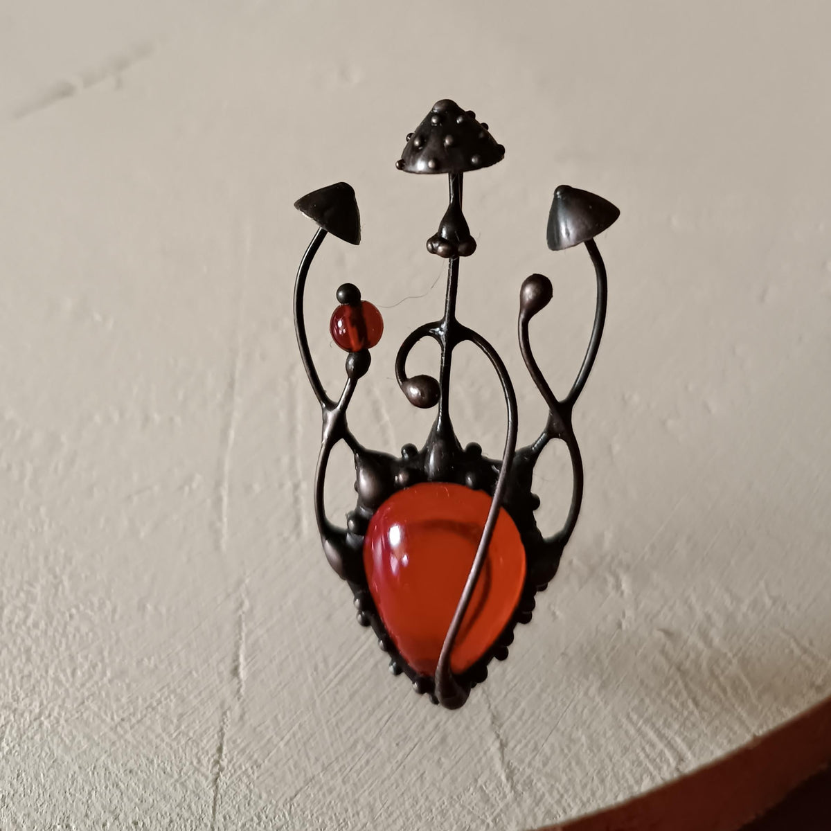 Red Glass Amanita Mushroom Brooch – Blackened Copper