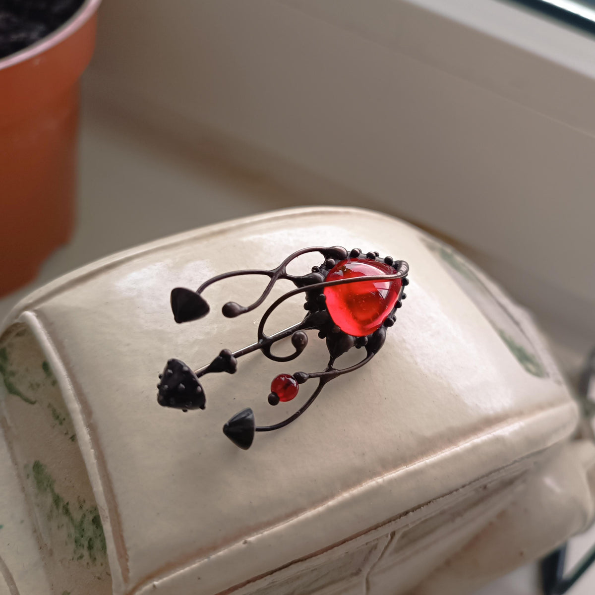 Red Glass Amanita Mushroom Brooch – Blackened Copper