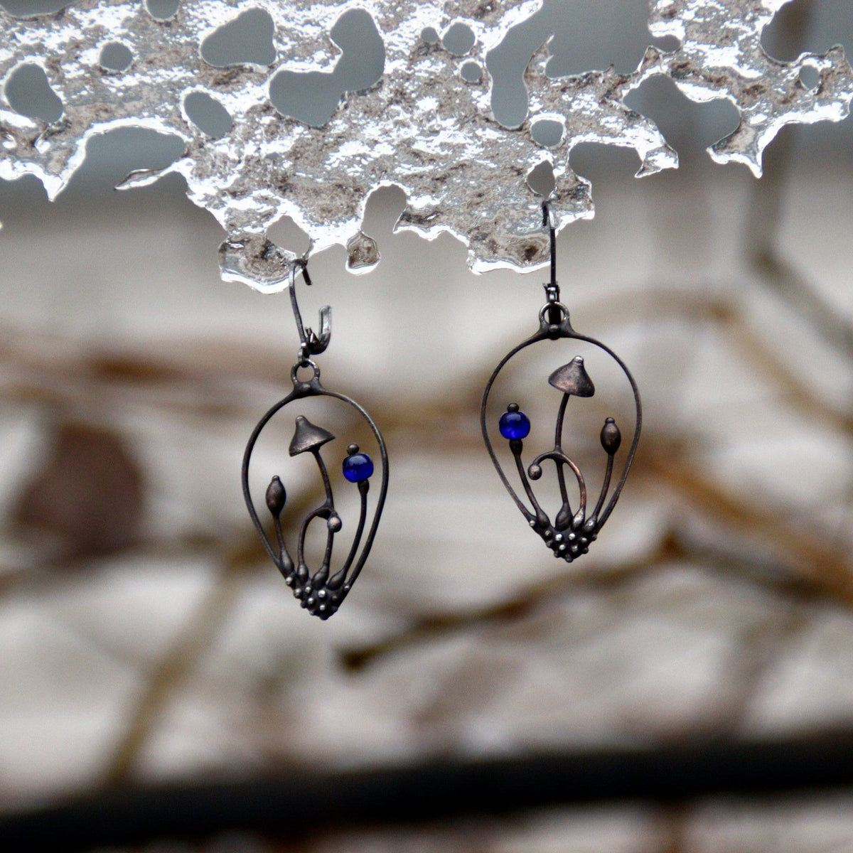 Blue Glass Mushroom Drop Earrings – Blackened Copper