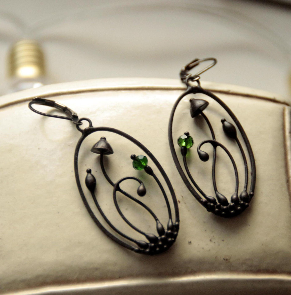 Green Glass Mushroom Earrings – Blackened Copper