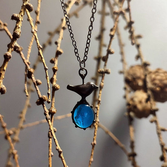 Blue Glass Bird Necklace – Blackened Copper