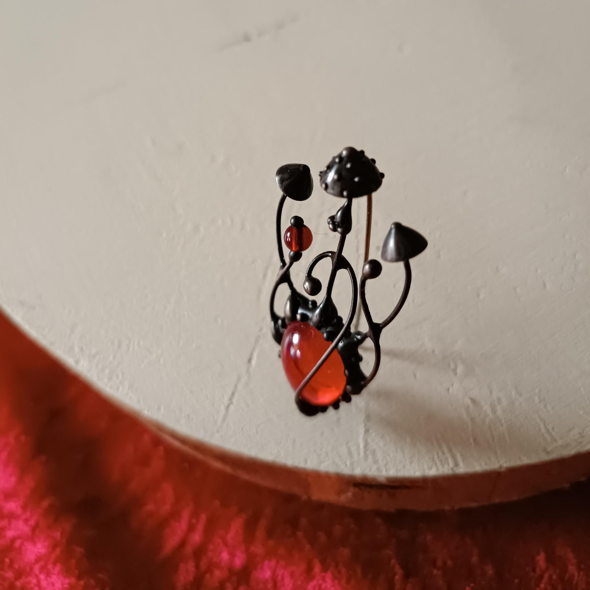 Red Glass Amanita Mushroom Brooch – Blackened Copper