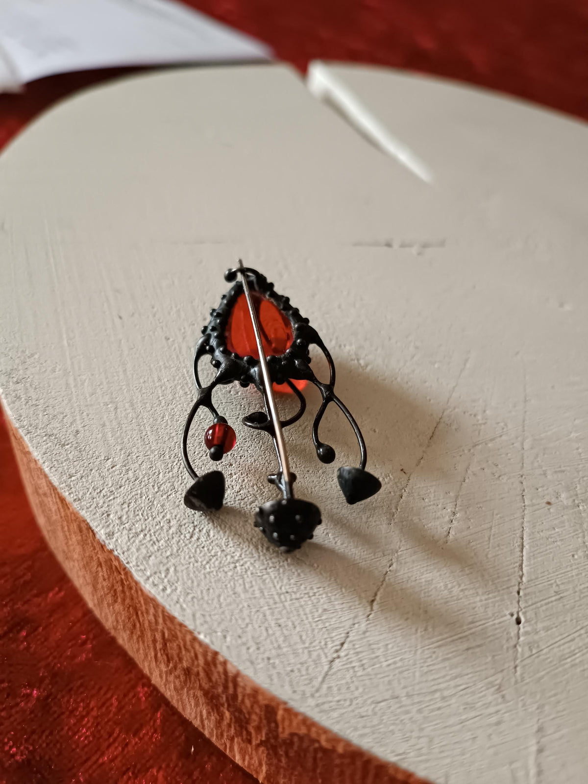 Red Glass Amanita Mushroom Brooch – Blackened Copper
