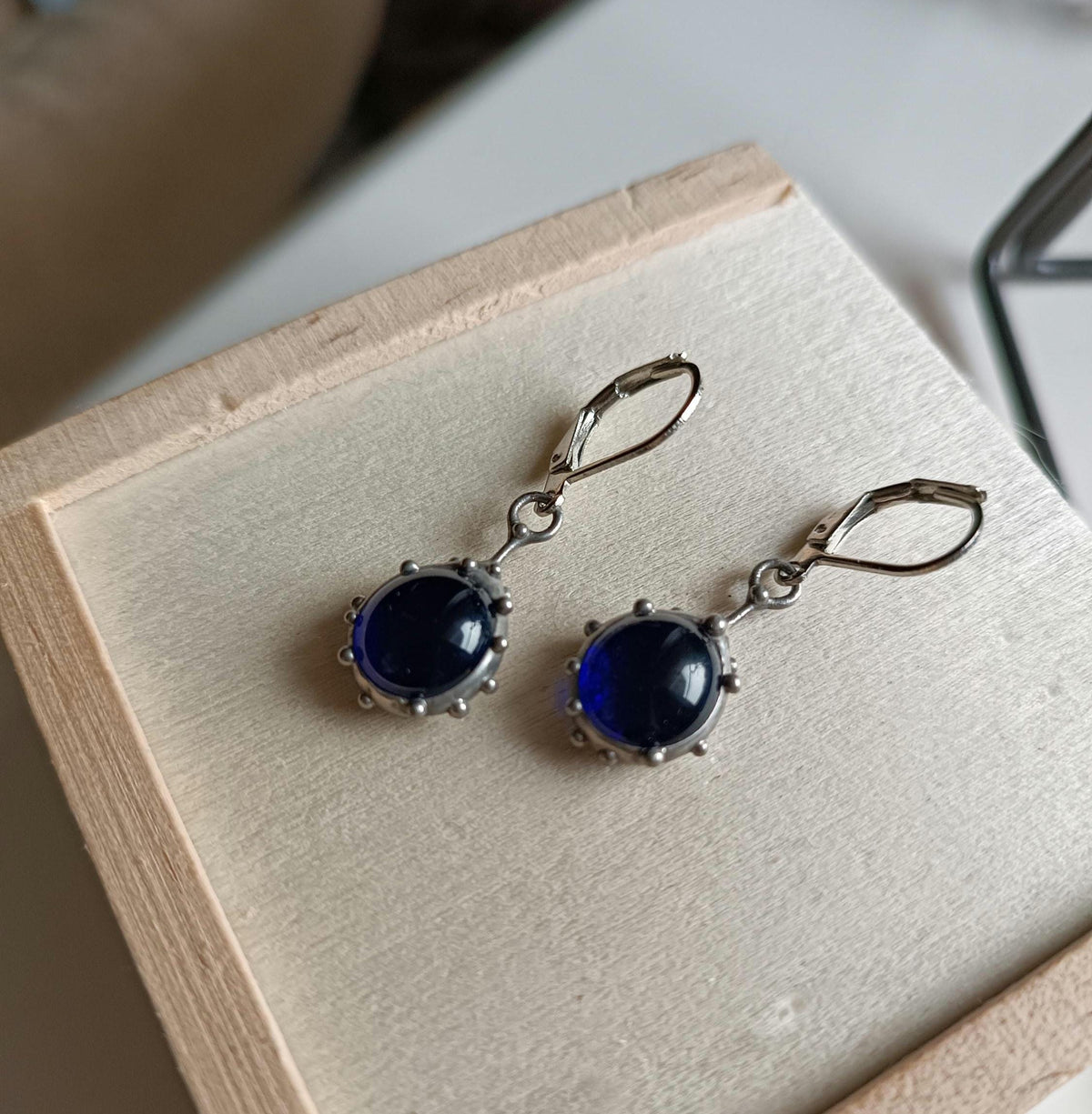 Round Blue Stained Glass Drop Earrings – Silver Tone