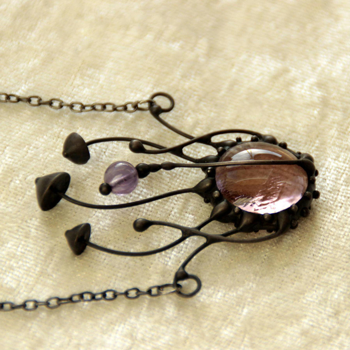 Pink Glass and Amethyst Mushroom Necklace – Blackened Copper