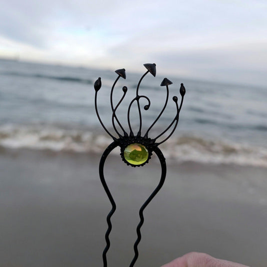 Three Mushroom Green Glass Hair Pin – Blackened Copper