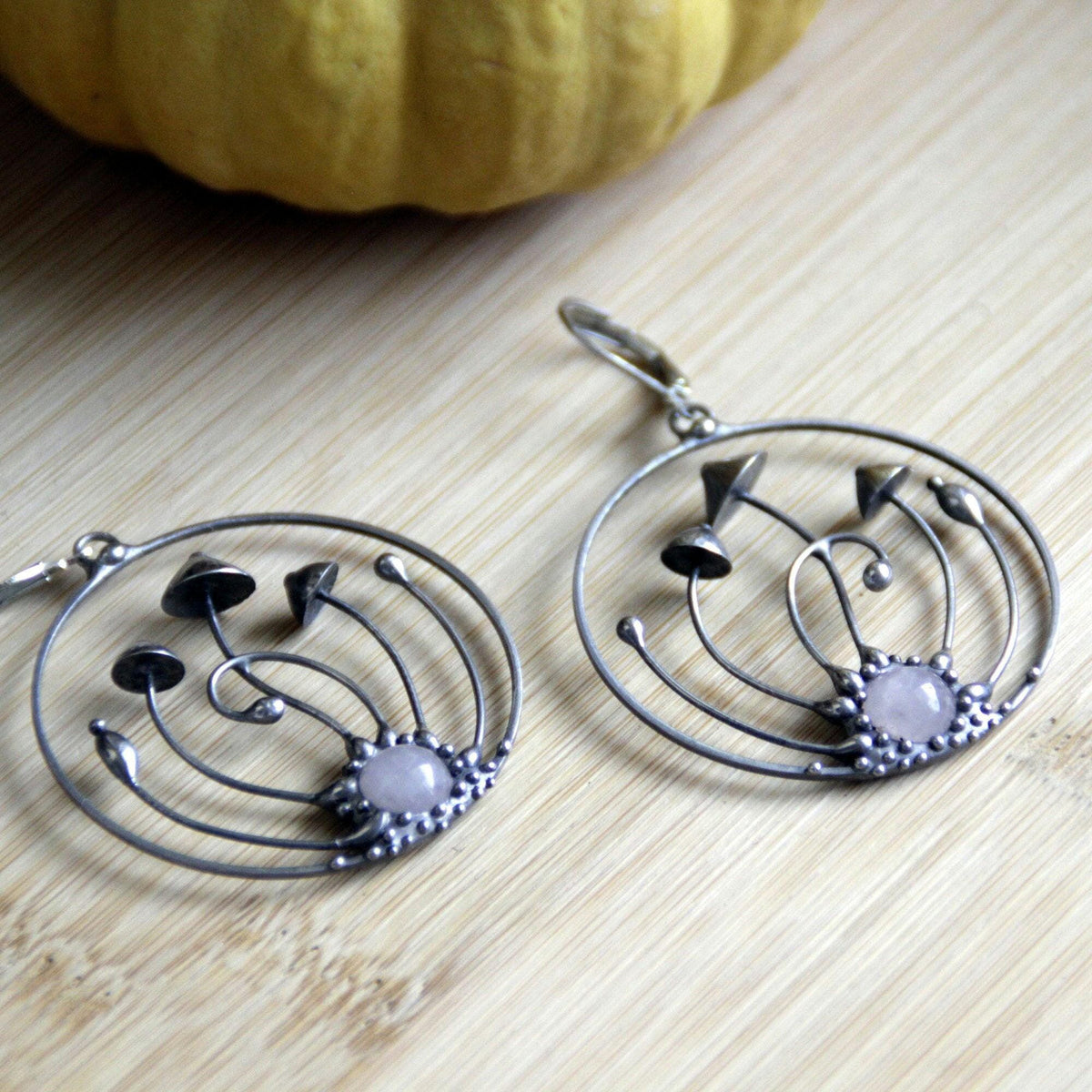 Pink Quartz Mushroom Hoop Earrings – Silver Tone