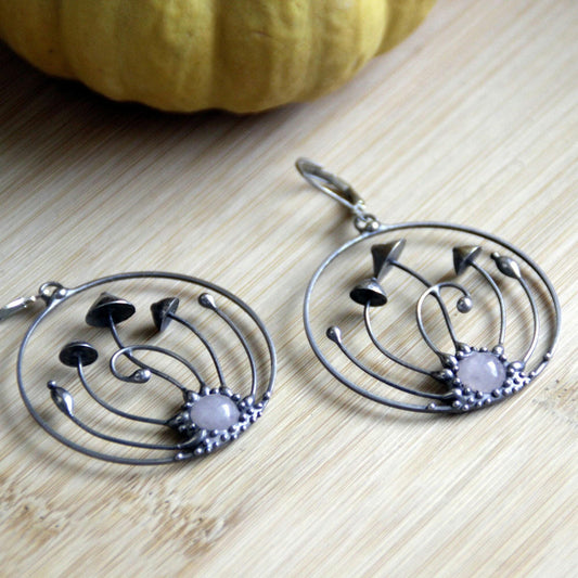 Pink Quartz Mushroom Hoop Earrings – Silver Tone