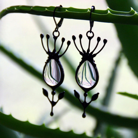 Clear Glass Flower Earrings – Blackened Copper Botanical Dangles – Sculptural
