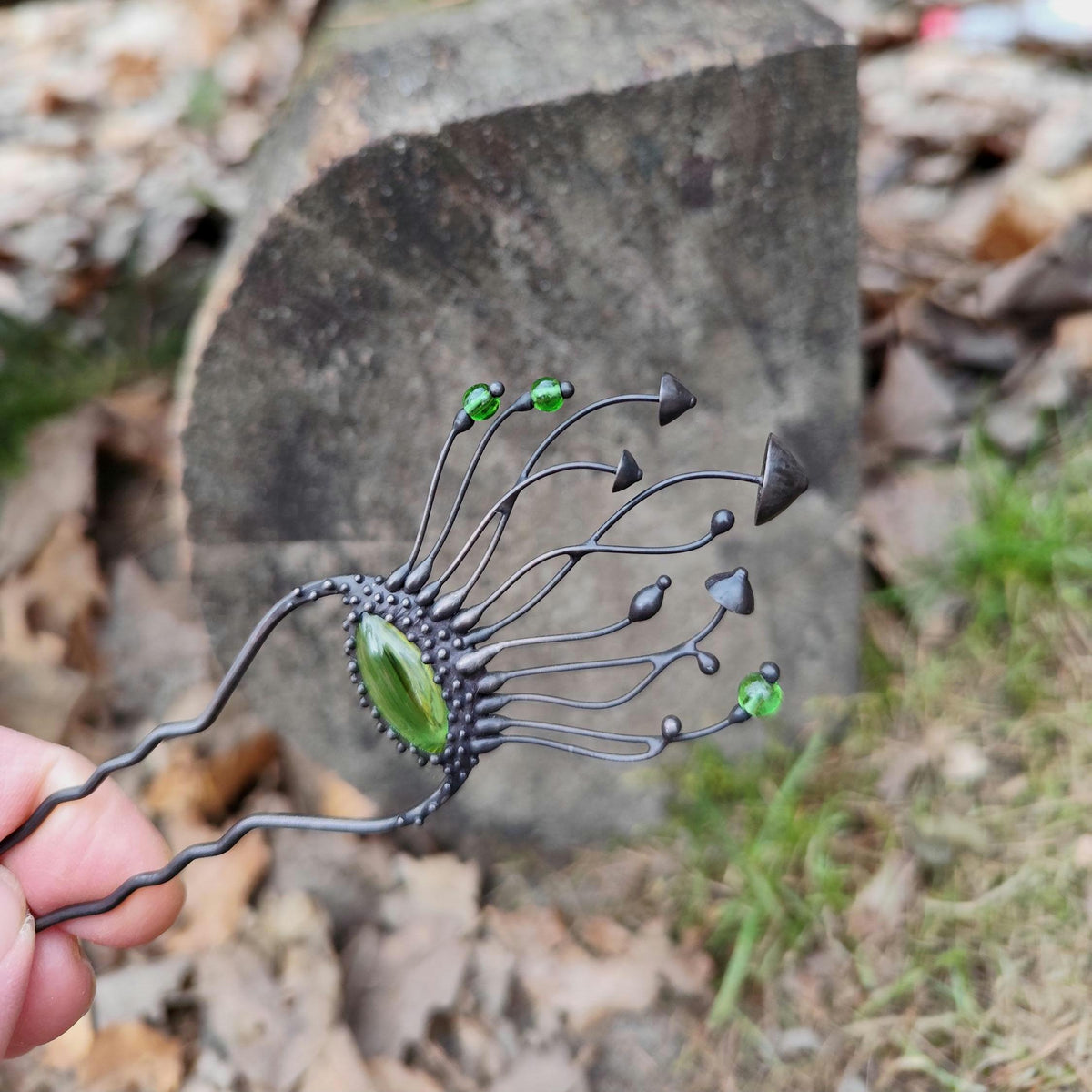 Green Glass Mushroom Hairpin – Blackened Copper