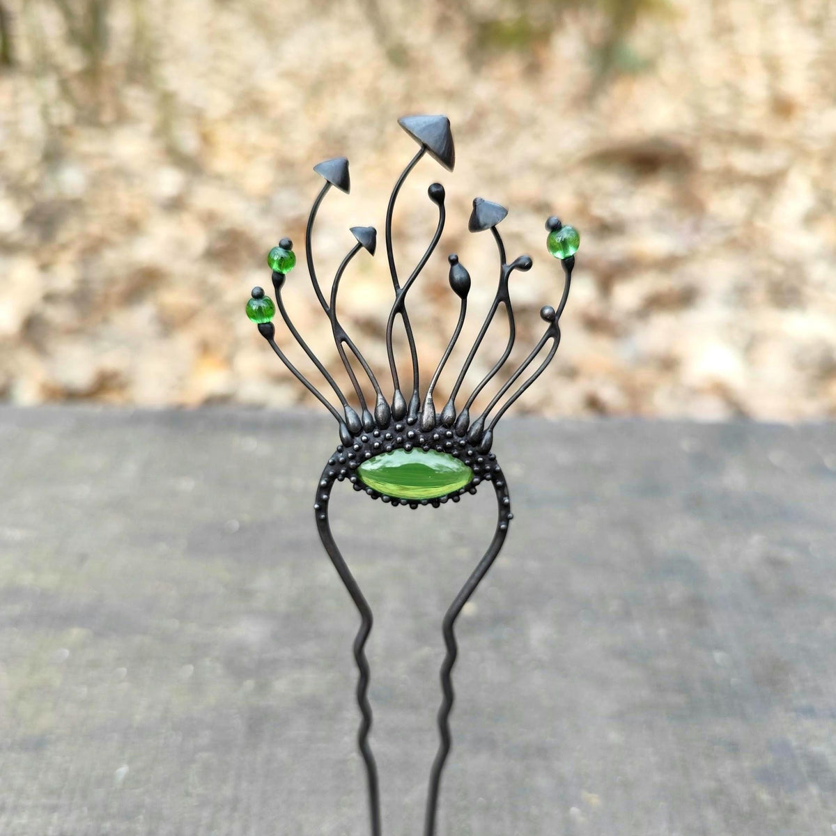 Green Glass Mushroom Hairpin – Blackened Copper