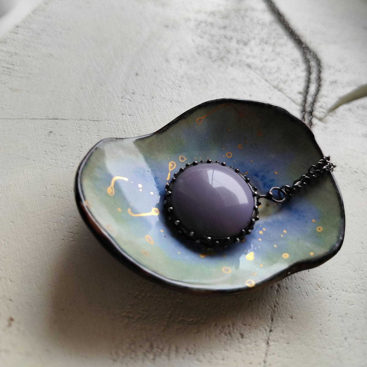 Purple Glass Circle Pendant Necklace – Blackened Copper