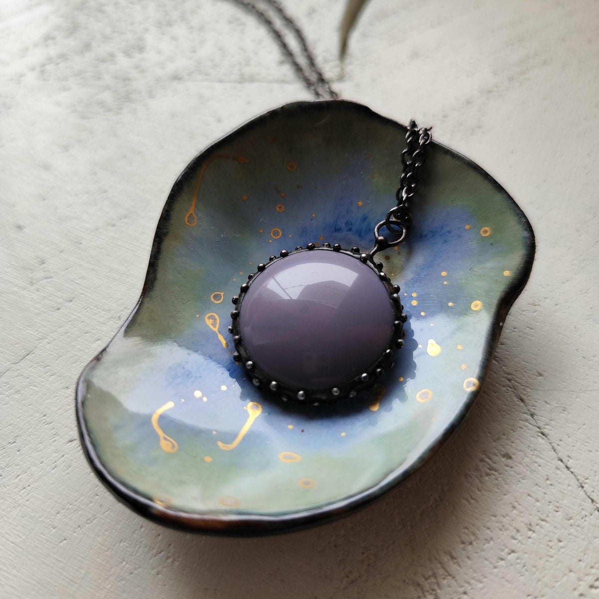 Purple Glass Circle Pendant Necklace – Blackened Copper