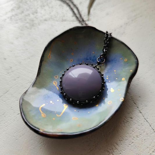 Purple Glass Circle Pendant Necklace – Blackened Copper