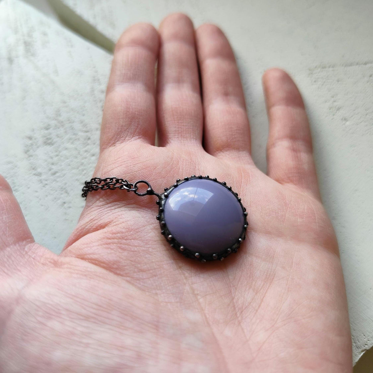 Purple Glass Circle Pendant Necklace – Blackened Copper
