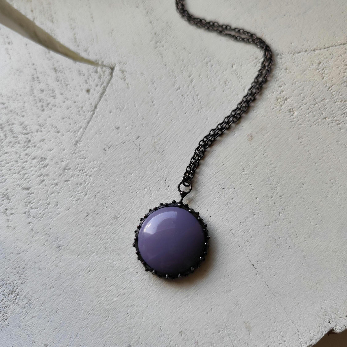 Purple Glass Circle Pendant Necklace – Blackened Copper