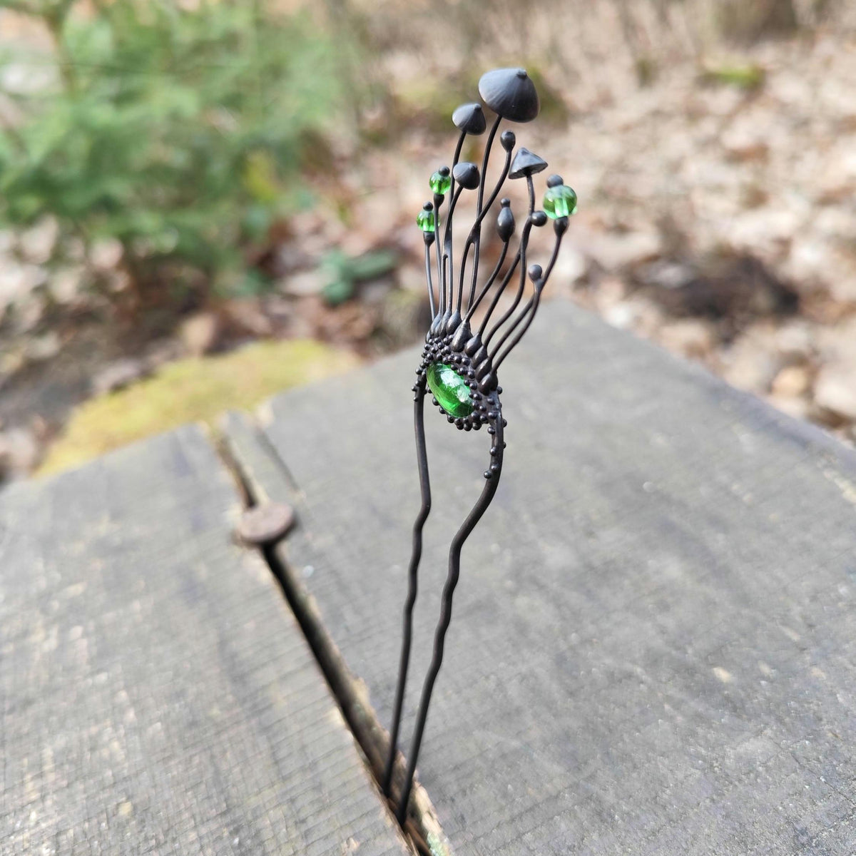 Green Glass Mushroom Hairpin – Blackened Copper