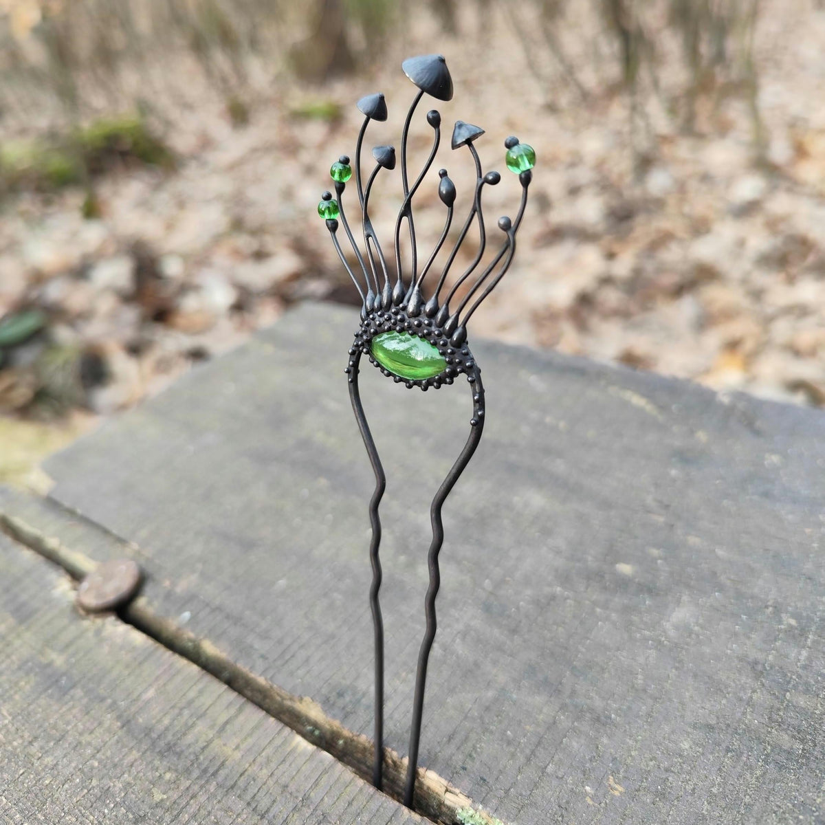Green Glass Mushroom Hairpin – Blackened Copper