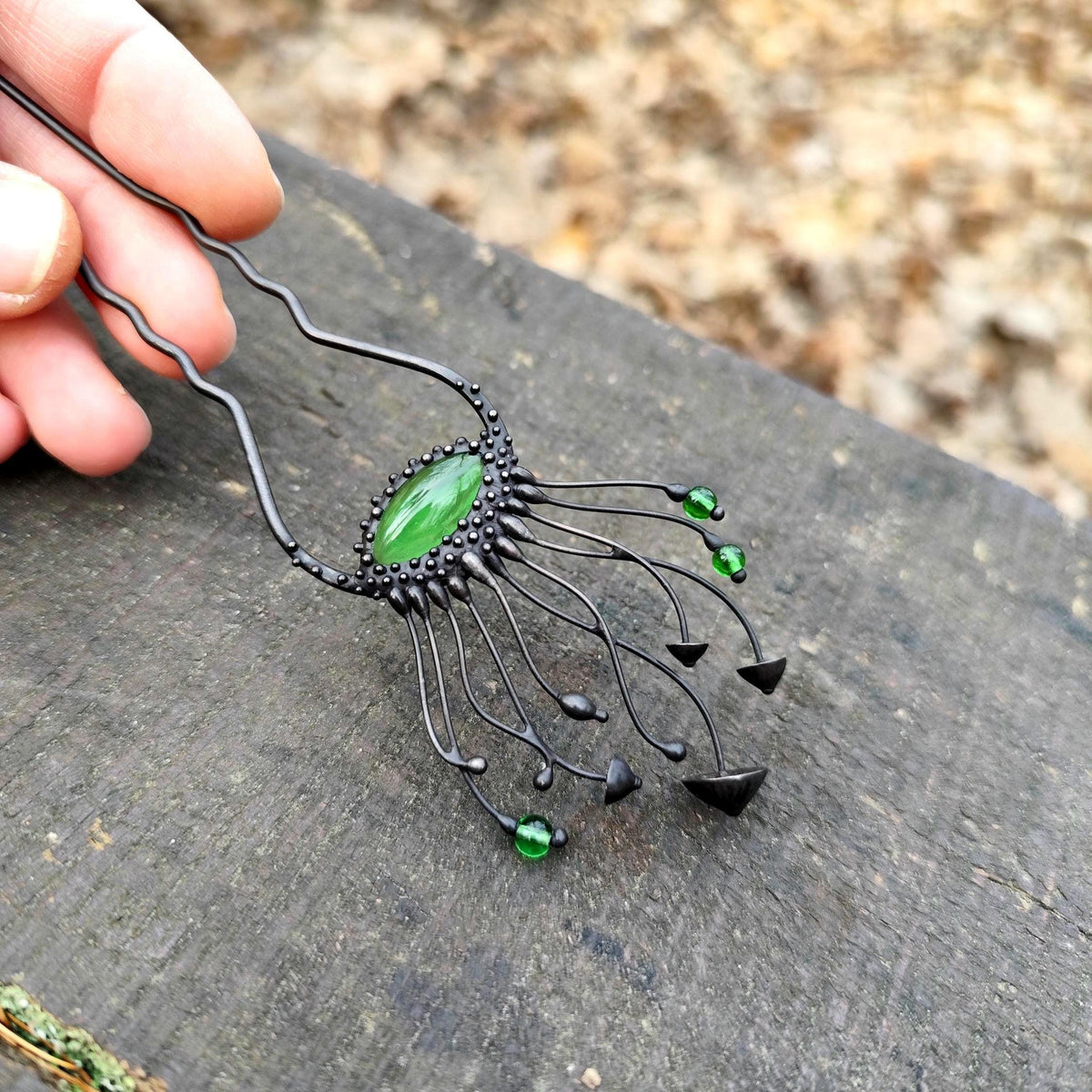Green Glass Mushroom Hairpin – Blackened Copper
