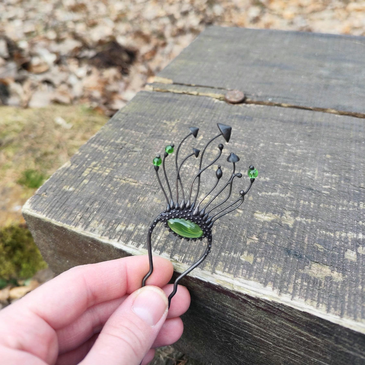 Green Glass Mushroom Hairpin – Blackened Copper