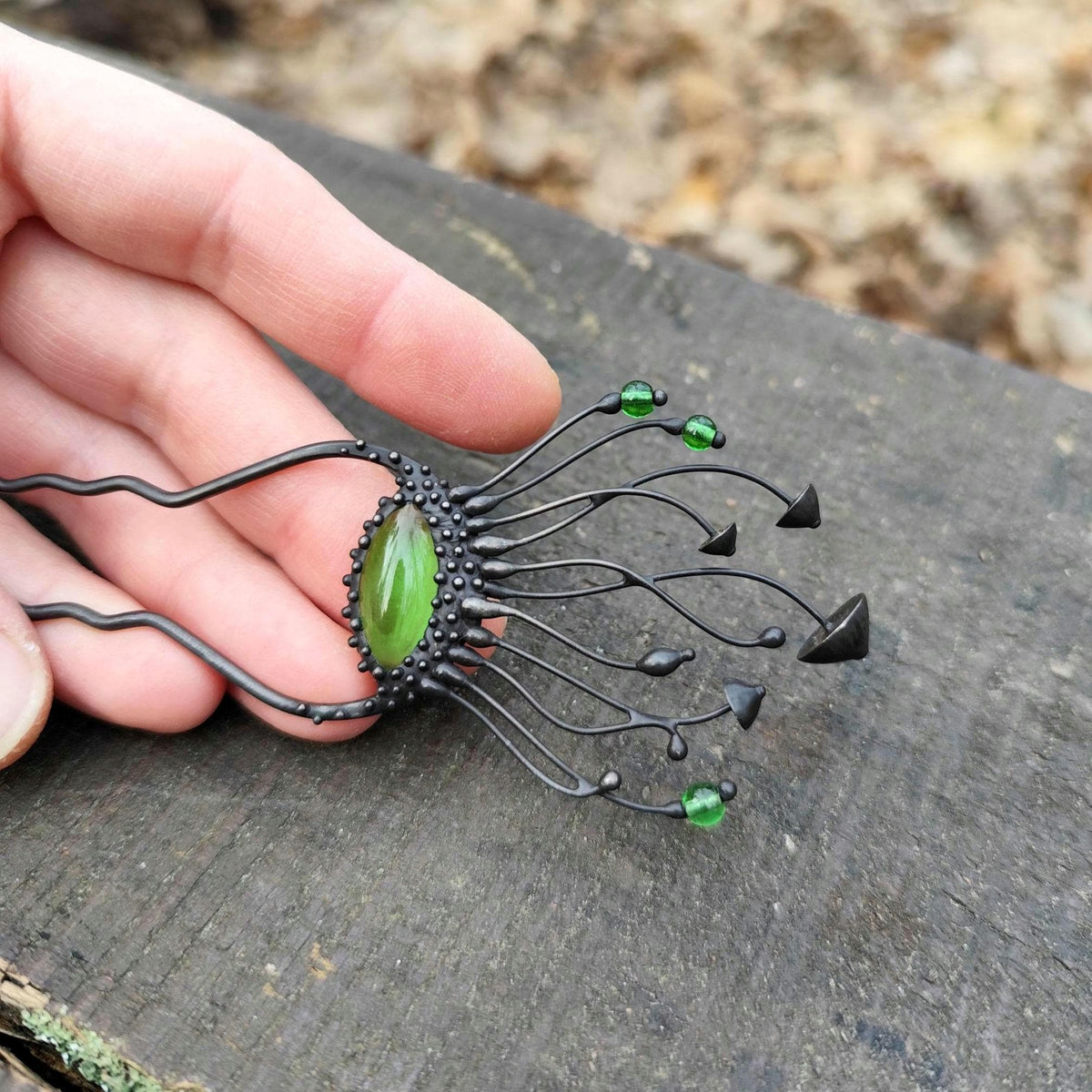 Green Glass Mushroom Hairpin – Blackened Copper