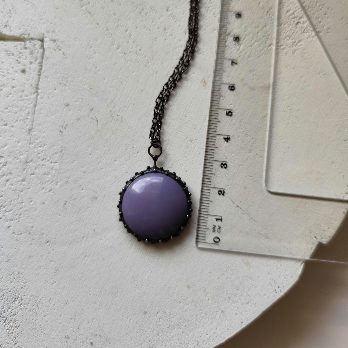 Purple Glass Circle Pendant Necklace – Blackened Copper