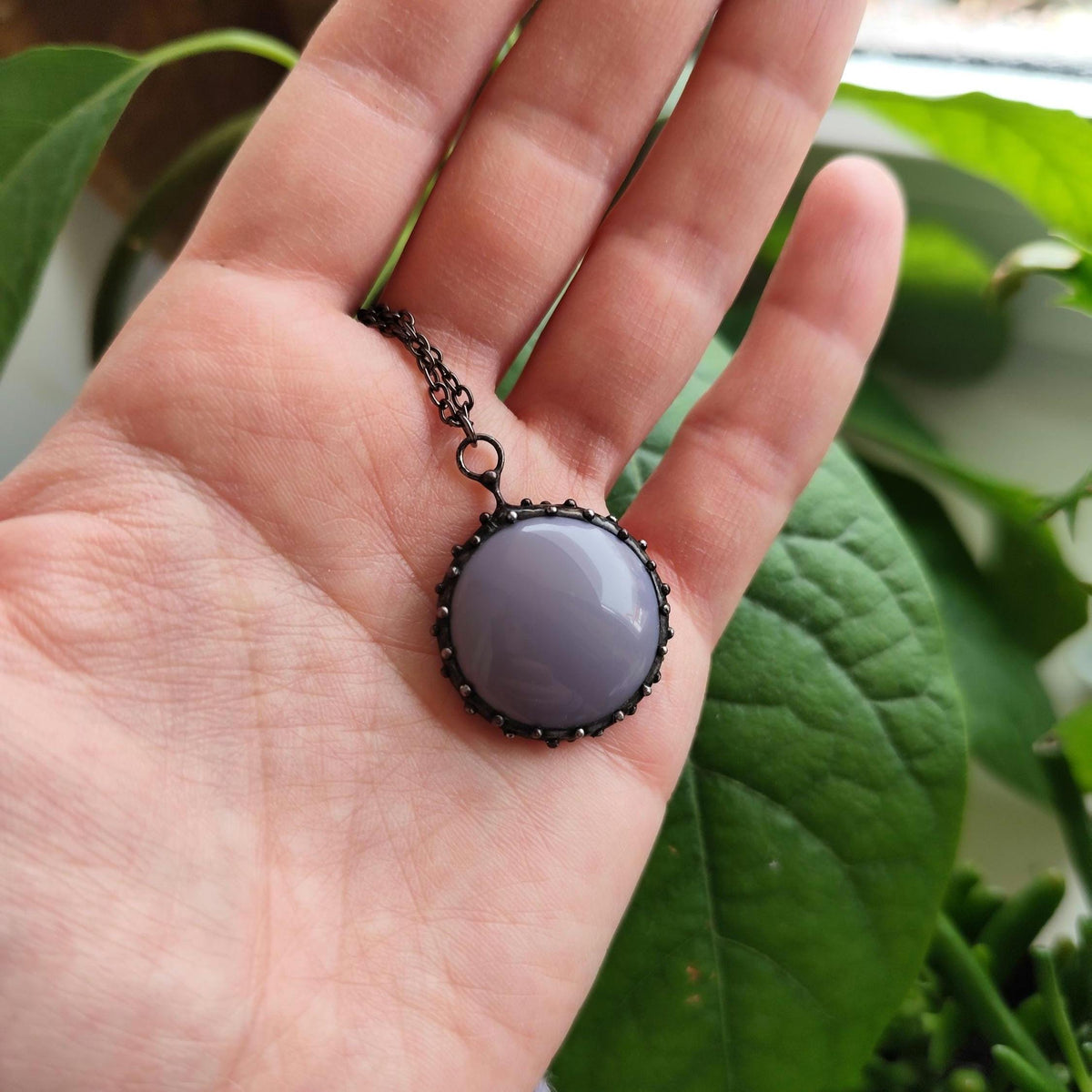 Purple Glass Circle Pendant Necklace – Blackened Copper