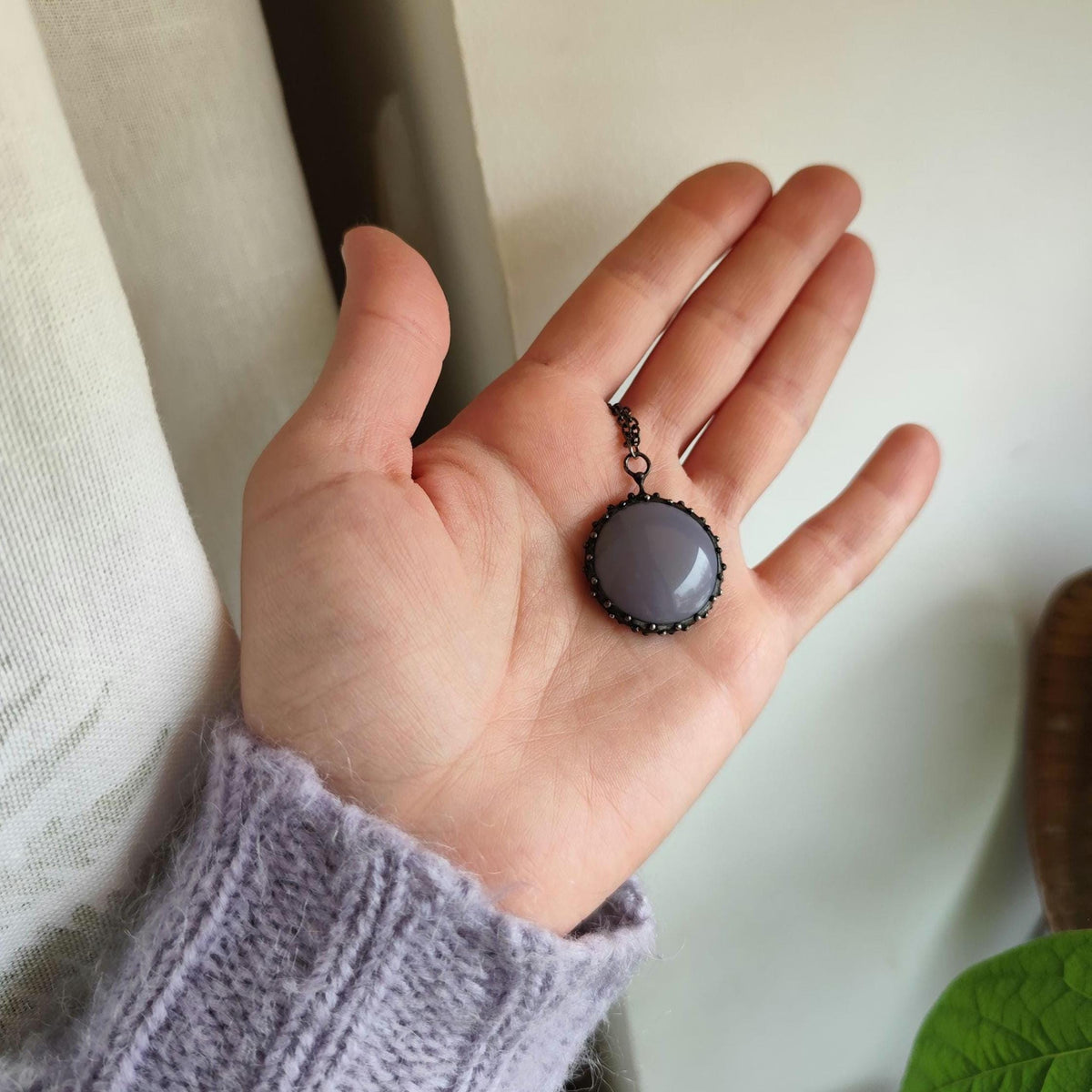 Purple Glass Circle Pendant Necklace – Blackened Copper